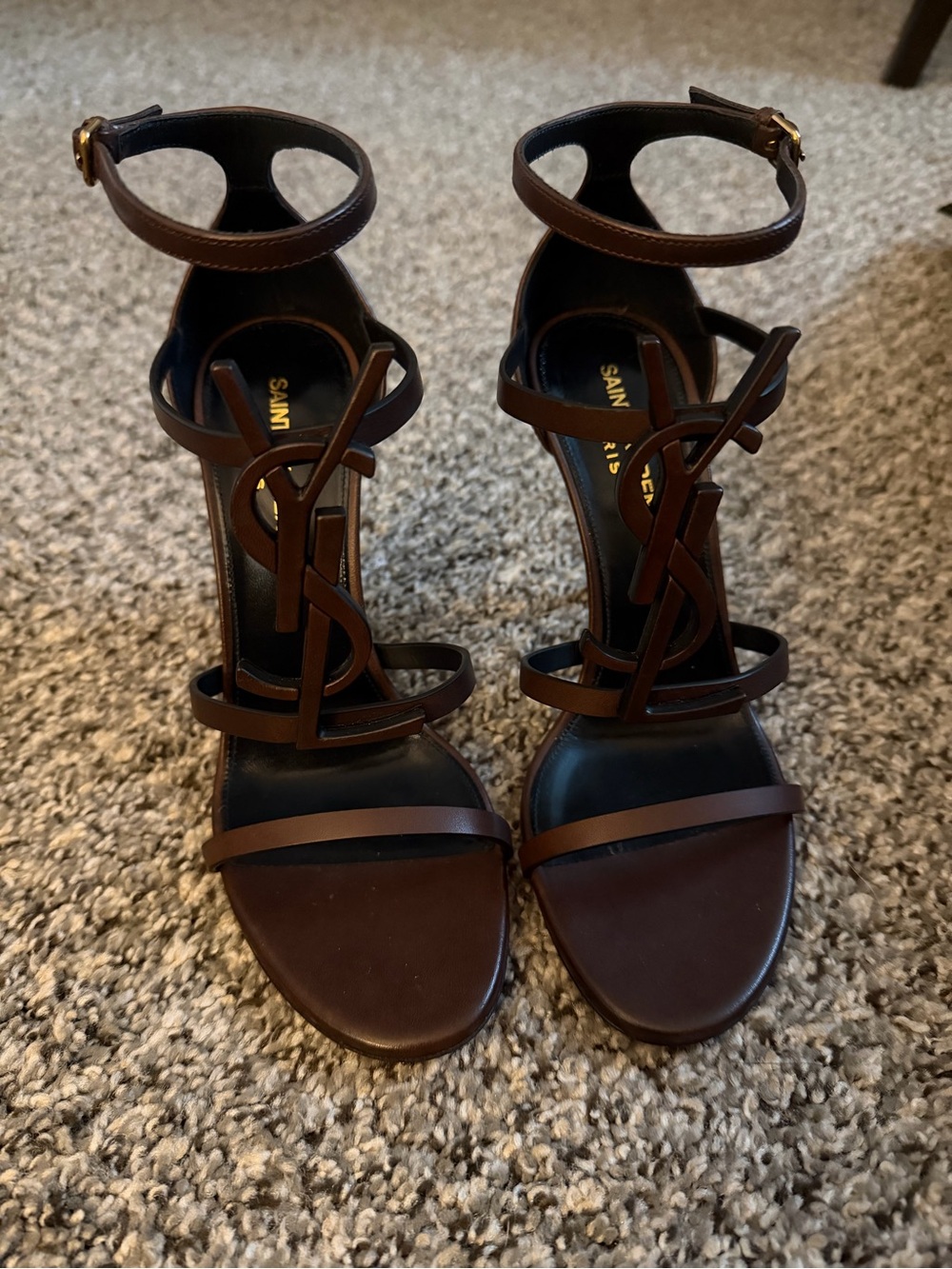 Saint Laurent Dark Brown Leather YSL Logo Cassandra Ankle-Strap Heels Sz. 37
